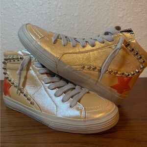 SHUSHOP RiRi Champagne Metallic High-Top Sneaker Coral Orange Star Silver Studs